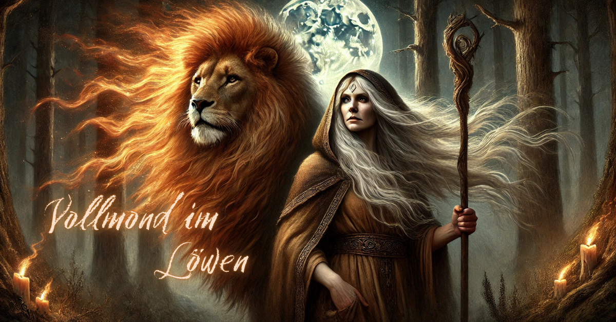 a woman with long hair and a lion head under the fullmoon